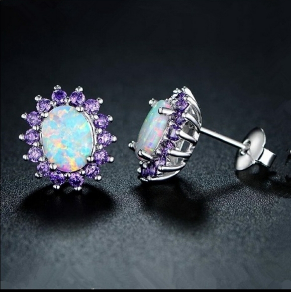 Amethyst & Fire Opal Stud Earrings - Picture 1 of 4